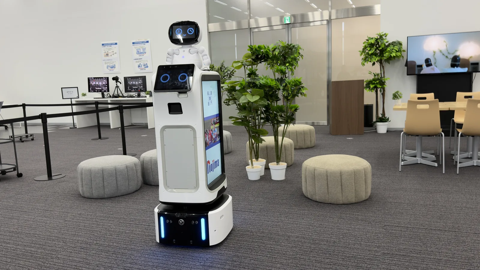 家電量販店の売り場に立つサイネージ型 Collibot と受付の Kebbi